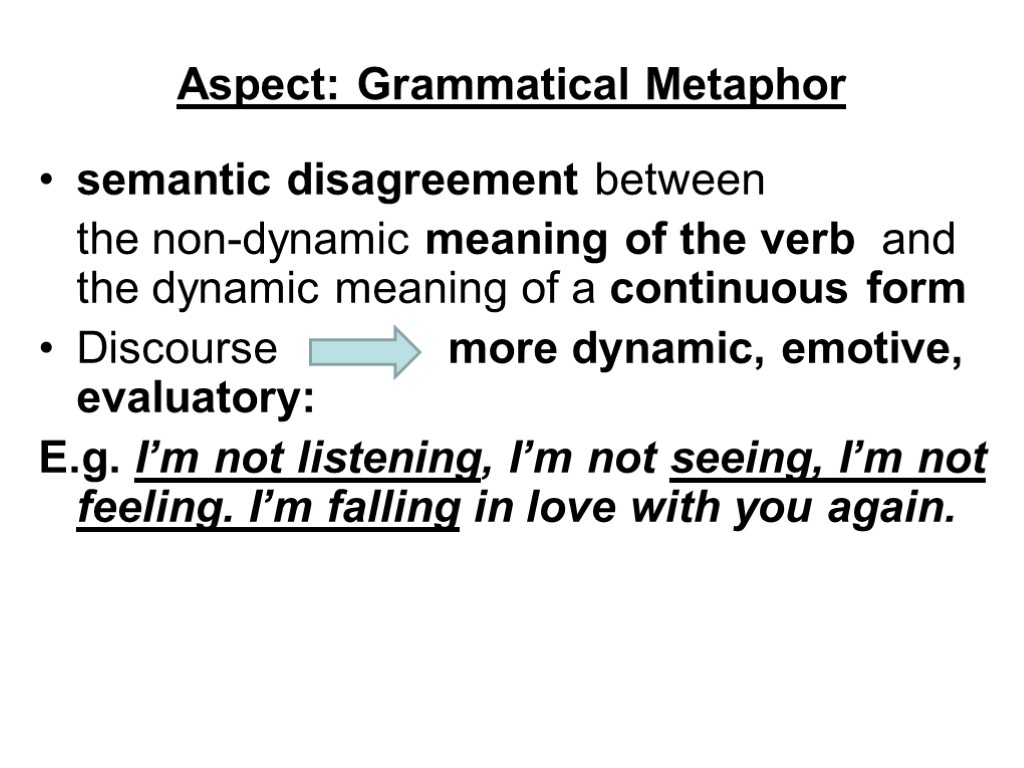 Aspect: Grammatical Metaphor semantic disagreement between the non-dynamic meaning of the verb and the